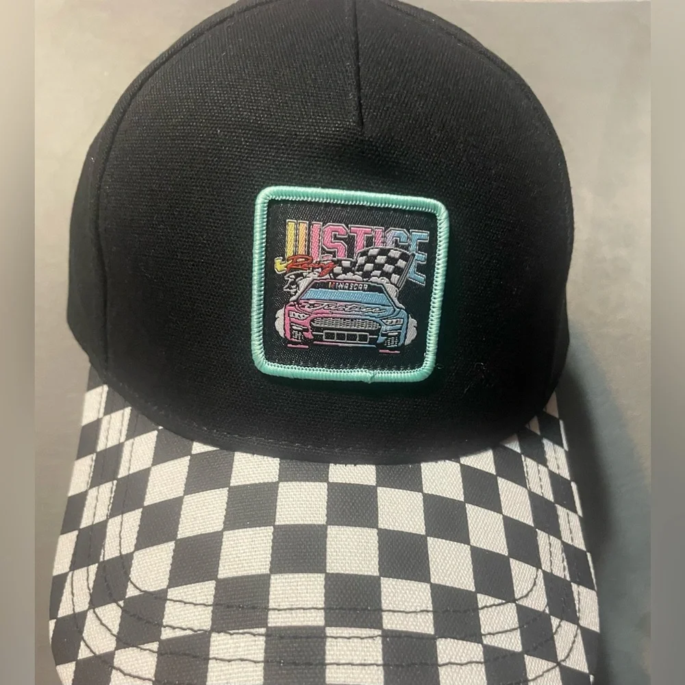 NWT Justice x NASCAR Girls Adjustable Baseball Cap Checkered Racing Hat OSFM